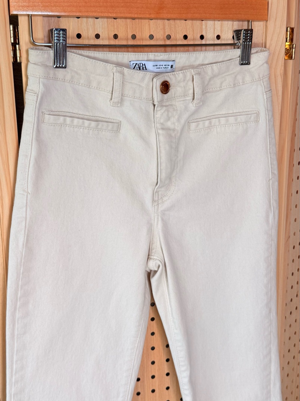 Zara Cream Cropped Raw Hem Wide Leg Jeans High Rise Stretch Denim Size‎ 6 - Picture 3 of 10